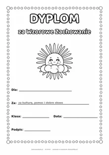 Dyplom za wzorowe zachowanie: słońce za chmurką — do druku i kolorowania A4, pola na imię, datę i podpis
