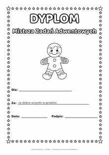 Dyplom za zadania adwentowe: pierniczek — do druku i kolorowania A4, pola na imię, datę i podpis