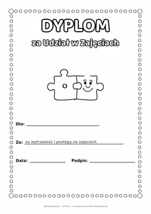 Dyplom za udział w zajęciach rewalidacyjnych: dwa puzzle — do druku i kolorowania A4, pola na imię, datę i podpis