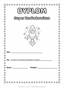 Dyplom zerówkowicza na koniec roku: rakieta z gwiazdkami — do druku i kolorowania A4, pola na imię, datę i podpis