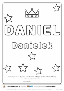 Imię DANIEL do druku — konturowy napis do kolorowania z koroną i gwiazdkami, pod nim Danielek, na dole daty imienin
