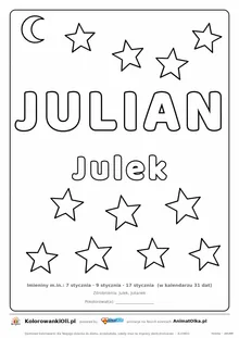 Imię JULIAN do druku — konturowy napis do kolorowania z gwiazdkami, pod nim Julek, na dole daty imienin