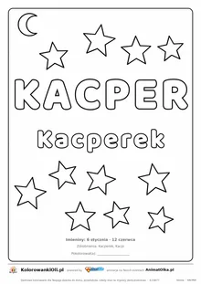 Imię KACPER do druku — konturowy napis do kolorowania z gwiazdkami, pod nim Kacperek, na dole daty imienin