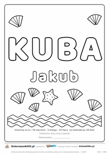 Imię KUBA do druku — konturowy napis do kolorowania z falami i muszelkami, pod nim Jakub, na dole daty imienin
