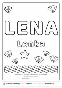 Imię LENA do druku — konturowy napis do kolorowania z falami i muszelkami, pod nim Lenka, na dole daty imienin