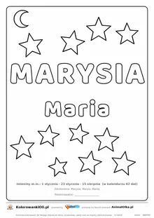 Imię MARYSIA do druku — konturowy napis do kolorowania z gwiazdkami, pod nim Maria, na dole daty imienin