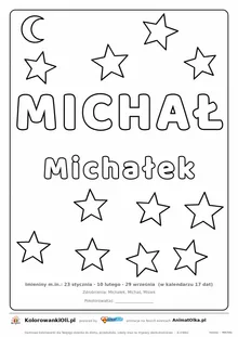 Imię MICHAŁ do druku — konturowy napis do kolorowania z gwiazdkami, pod nim Michałek, na dole daty imienin