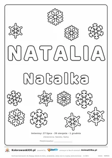 Imię NATALIA do druku — konturowy napis do kolorowania ze śnieżynkami, pod nim Natalka, na dole daty imienin