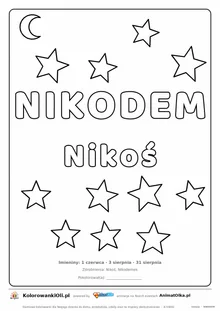 Imię NIKODEM do druku — konturowy napis do kolorowania z gwiazdkami, pod nim Nikoś, na dole daty imienin