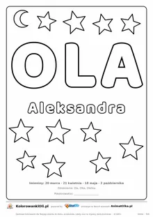 Imię OLA do druku — konturowy napis do kolorowania z gwiazdkami, pod nim Aleksandra, na dole daty imienin