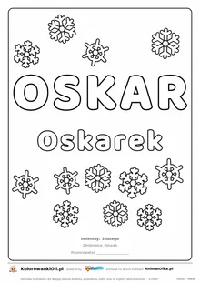 Imię OSKAR do druku — konturowy napis do kolorowania ze śnieżynkami, pod nim Oskarek, na dole daty imienin