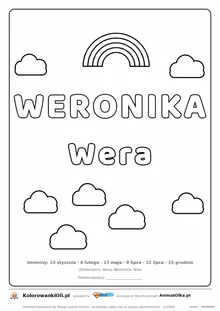 Imię WERONIKA do druku — konturowy napis do kolorowania z tęczą i chmurkami, pod nim Wera, na dole daty imienin