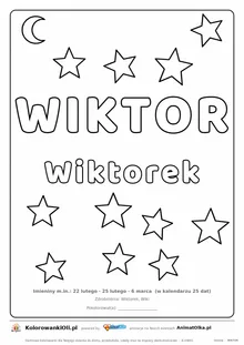 Imię WIKTOR do druku — konturowy napis do kolorowania z gwiazdkami, pod nim Wiktorek, na dole daty imienin