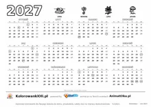 Kalendarz 2027 poziomy do kolorowania — 12 miesięcy na kartce A4 w poziomie, dni wolne w kółkach, pory roku do pokolorowania