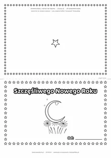 Kartka na Nowy Rok: księżyc i fajerwerki — do druku i kolorowania (A4, składana)