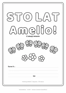 Laurka na imieniny Amelii do druku — napis Sto lat, Amelio z motylami, linie na życzenia