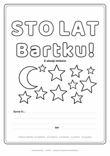 Laurka na imieniny Bartka do druku — napis Sto lat, Bartku z gwiazdkami, linie na życzenia