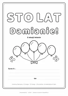 Laurka na imieniny Damiana do druku — napis Sto lat, Damianie z balonikami, linie na życzenia