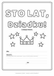 Laurka na imieniny dla dziadka do druku — napis Sto lat, Dziadku z koroną i gwiazdkami, pole na imię i linie na życzenia