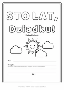 Laurka na imieniny dla dziadka do druku — napis Sto lat, Dziadku ze słońcem i chmurkami, pole na imię i linie na życzenia