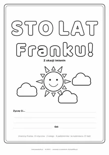 Laurka na imieniny Franka do druku — napis Sto lat, Franku ze słońcem i chmurkami, linie na życzenia