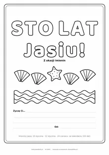 Laurka na imieniny Jasia do druku — napis Sto lat, Jasiu z falami i muszelkami, linie na życzenia