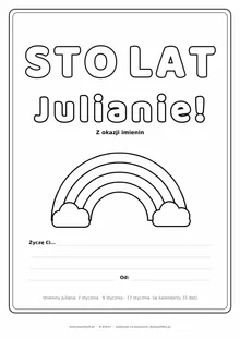 Laurka na imieniny Juliana do druku — napis Sto lat, Julianie z tęczą i chmurkami, linie na życzenia