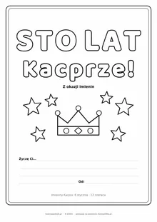 Laurka na imieniny Kacpra do druku — napis Sto lat, Kacprze z koroną i gwiazdkami, linie na życzenia
