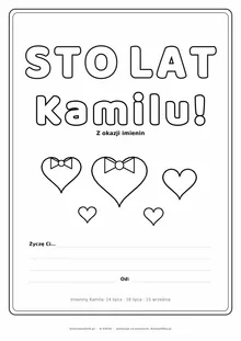 Laurka na imieniny Kamila do druku — napis Sto lat, Kamilu z serduszkami, linie na życzenia