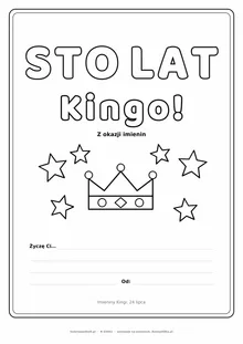 Laurka na imieniny Kingi do druku — napis Sto lat, Kingo z koroną i gwiazdkami, linie na życzenia