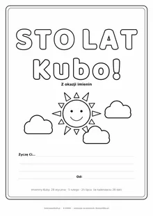 Laurka na imieniny Kuby do druku — napis Sto lat, Kubo ze słońcem i chmurkami, linie na życzenia