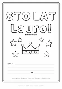 Laurka na imieniny Laury do druku — napis Sto lat, Lauro z koroną i gwiazdkami, linie na życzenia