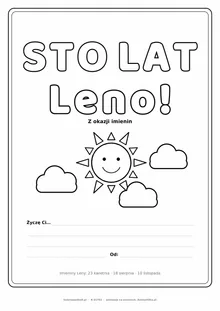 Laurka na imieniny Leny do druku — napis Sto lat, Leno ze słońcem i chmurkami, linie na życzenia