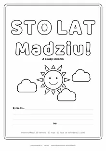 Laurka na imieniny Madzi do druku — napis Sto lat, Madziu ze słońcem i chmurkami, linie na życzenia