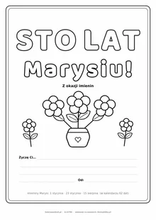 Laurka na imieniny Marysi do druku — napis Sto lat, Marysiu z kwiatami, linie na życzenia