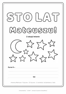 Laurka na imieniny Mateusza do druku — napis Sto lat, Mateuszu z gwiazdkami, linie na życzenia