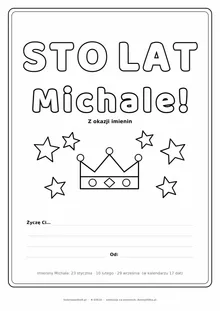 Laurka na imieniny Michała do druku — napis Sto lat, Michale z koroną i gwiazdkami, linie na życzenia