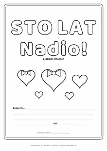 Laurka na imieniny Nadii do druku — napis Sto lat, Nadio z serduszkami, linie na życzenia