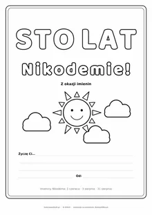 Laurka na imieniny Nikodema do druku — napis Sto lat, Nikodemie ze słońcem i chmurkami, linie na życzenia