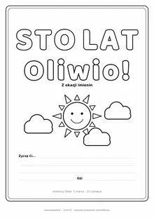 Laurka na imieniny Oliwii do druku — napis Sto lat, Oliwio ze słońcem i chmurkami, linie na życzenia