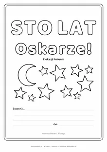 Laurka na imieniny Oskara do druku — napis Sto lat, Oskarze z gwiazdkami, linie na życzenia