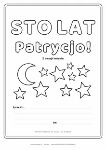 Laurka na imieniny Patrycji do druku — napis Sto lat, Patrycjo z gwiazdkami, linie na życzenia