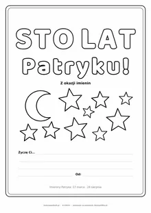 Laurka na imieniny Patryka do druku — napis Sto lat, Patryku z gwiazdkami, linie na życzenia