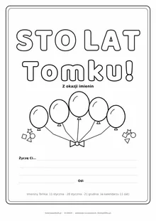 Laurka na imieniny Tomka do druku — napis Sto lat, Tomku z balonikami, linie na życzenia