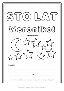 Laurka na imieniny Weroniki do druku — napis Sto lat, Weroniko z gwiazdkami, linie na życzenia