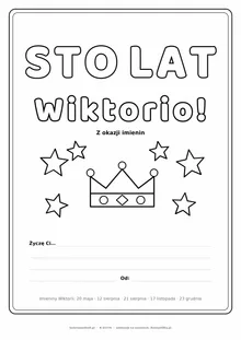 Laurka na imieniny Wiktorii do druku — napis Sto lat, Wiktorio z koroną i gwiazdkami, linie na życzenia