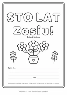 Laurka na imieniny Zosi do druku — napis Sto lat, Zosiu z kwiatami, linie na życzenia