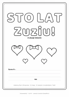 Laurka na imieniny Zuzi do druku — napis Sto lat, Zuziu z serduszkami, linie na życzenia