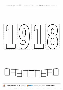 Napis 1918 do druku — cztery duże cyfry do pokolorowania i wycięcia na gazetkę o niepodległości