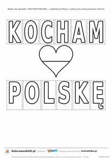 Napis KOCHAM POLSKĘ do druku — kontury liter i serce do pokolorowania i wycięcia